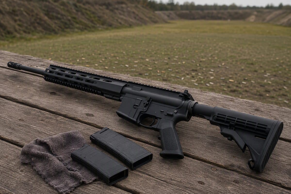 Sporting rifle on a range bench