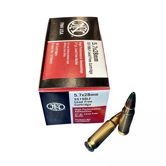 FN 5.7X28MM AMMO GREEN TIP HOLLOW POINT 27GR LF BRASS CASED SS198LF 50RD BOX — product photograph