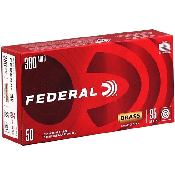 FEDERAL CHAMPION 380 AUTO AMMO 95GR FMJ BRASS CASED 50RD BOX — product photograph