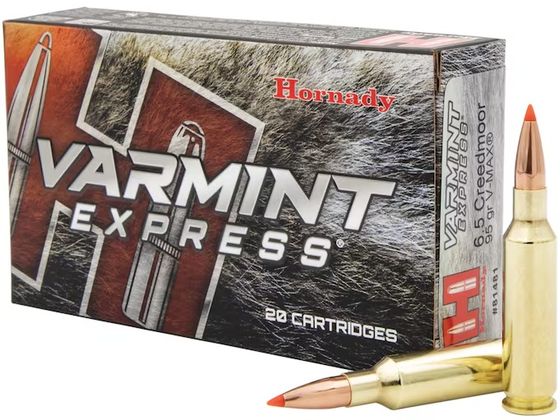 HORNADY VARMINT EXPRESS 6.5 CREEDMOOR AMMO 95GR VMAX BRASS CASED 20RD BOX — product photograph