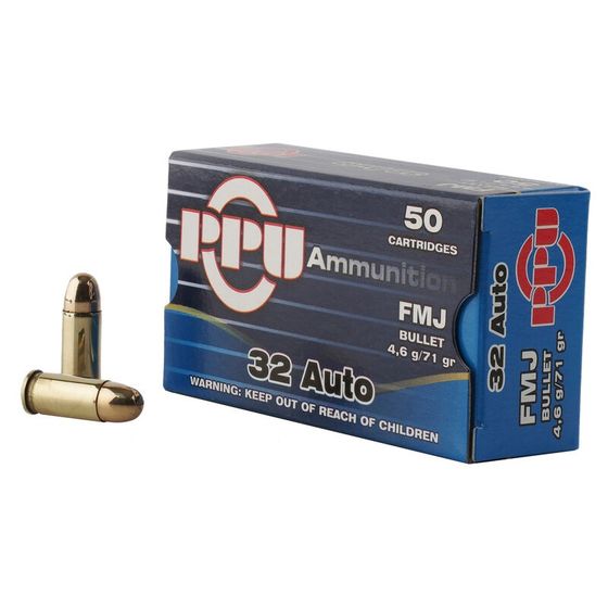 PPU 32 AUTO AMMO 71GR FMJ BRASS CASED 50RD BOX — product photograph