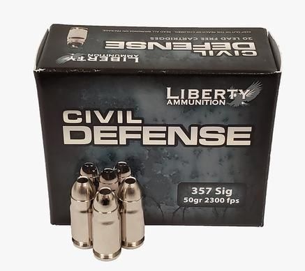 LIBERTY CIVIL DEFENSE 357 SIG AMMO 50GR (2300FPS) SIG NICKEL PLATED BRASS 20RD BOX — product photograph
